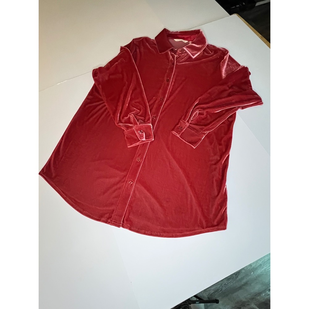 Soft Surroundings Women XL Rust Red Velvet Button Down Long Sleeve‎ Shirt Blouse